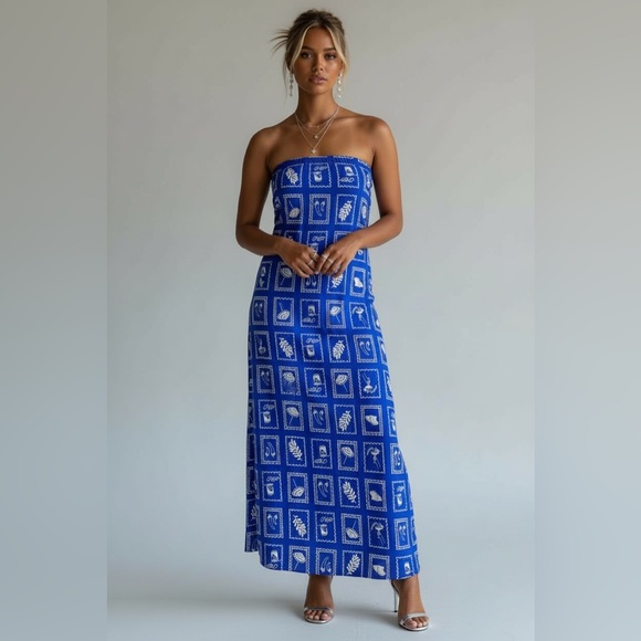 Paper Heart Dresses & Skirts - NWT XL Paper Heart Anthropologie Blue Linen Strapless Maxi Dress Tropical Resort